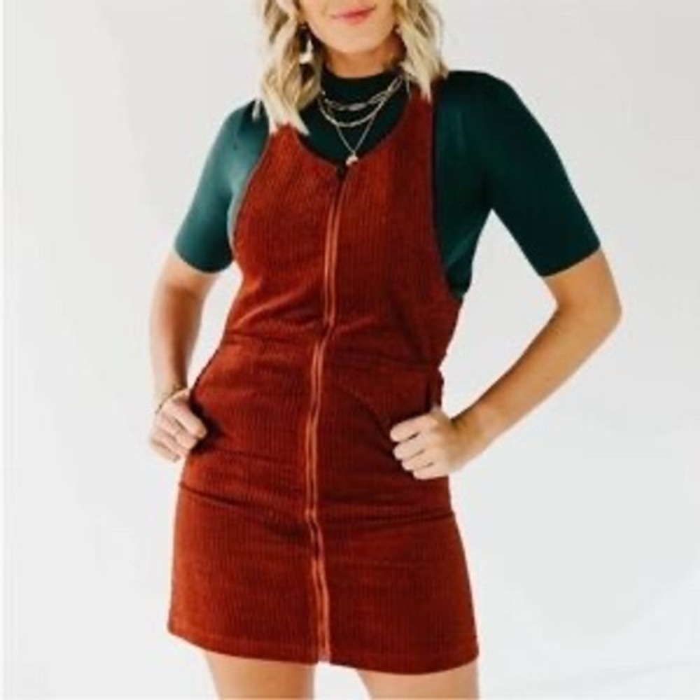 Cozy Co. Small Rust Corduroy Jumper Dress Women's Zip Front Mini